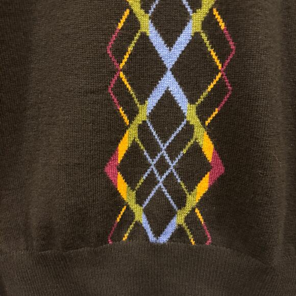 Vintage Greg Norman Men's XL Black 100% Merino Argyle V-Neck Sweater Pullover - Picture 3 of 8